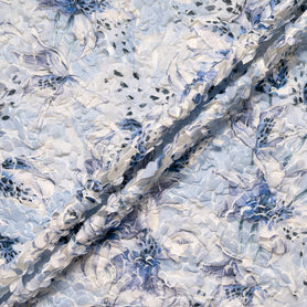 Blue Printed 3D Floral Microfibre Embroidered Tulle