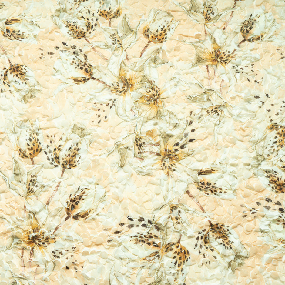 Yellow Floral Printed 3D Microfibre Embroidered Tulle