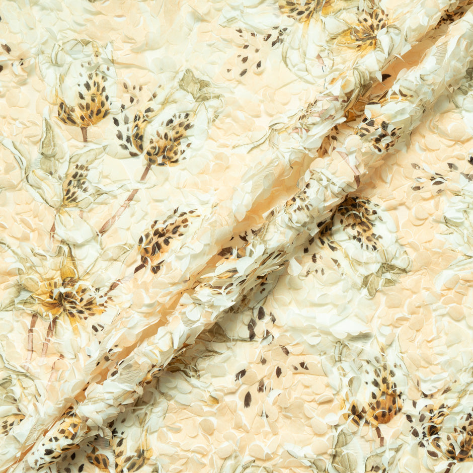 Yellow Floral Printed 3D Microfibre Embroidered Tulle