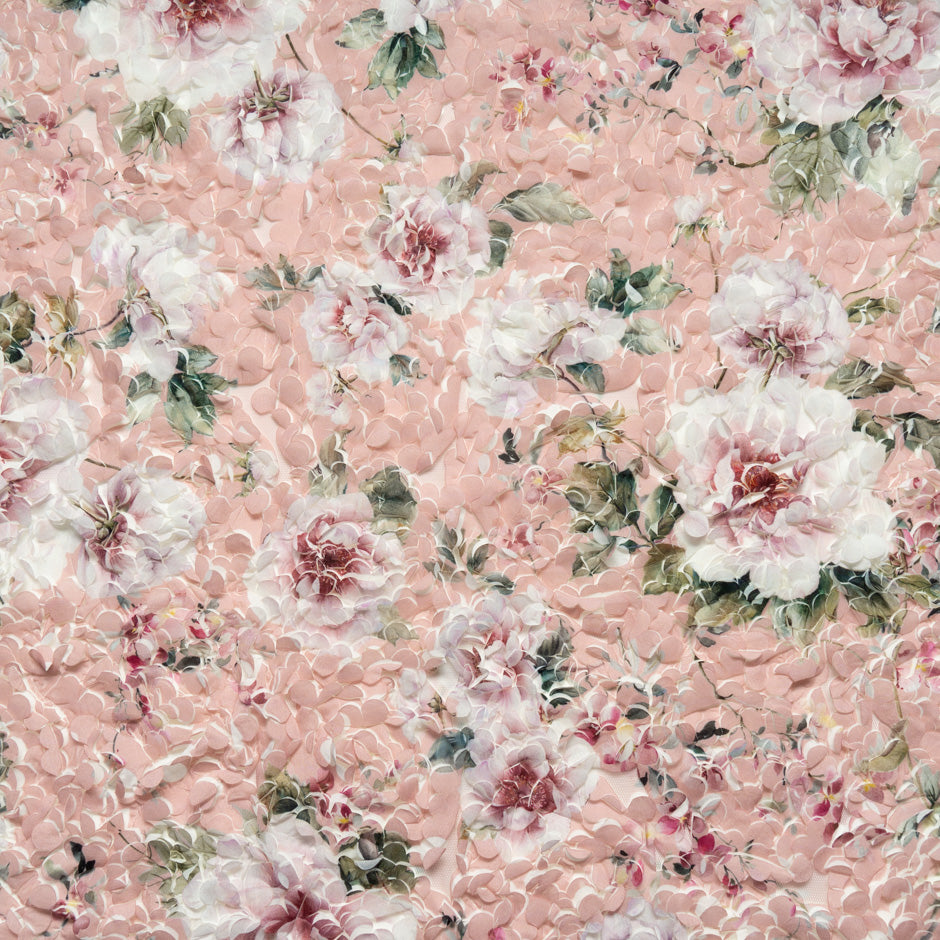 Floral Printed Pink 3D Microfibre Embroidered Tulle