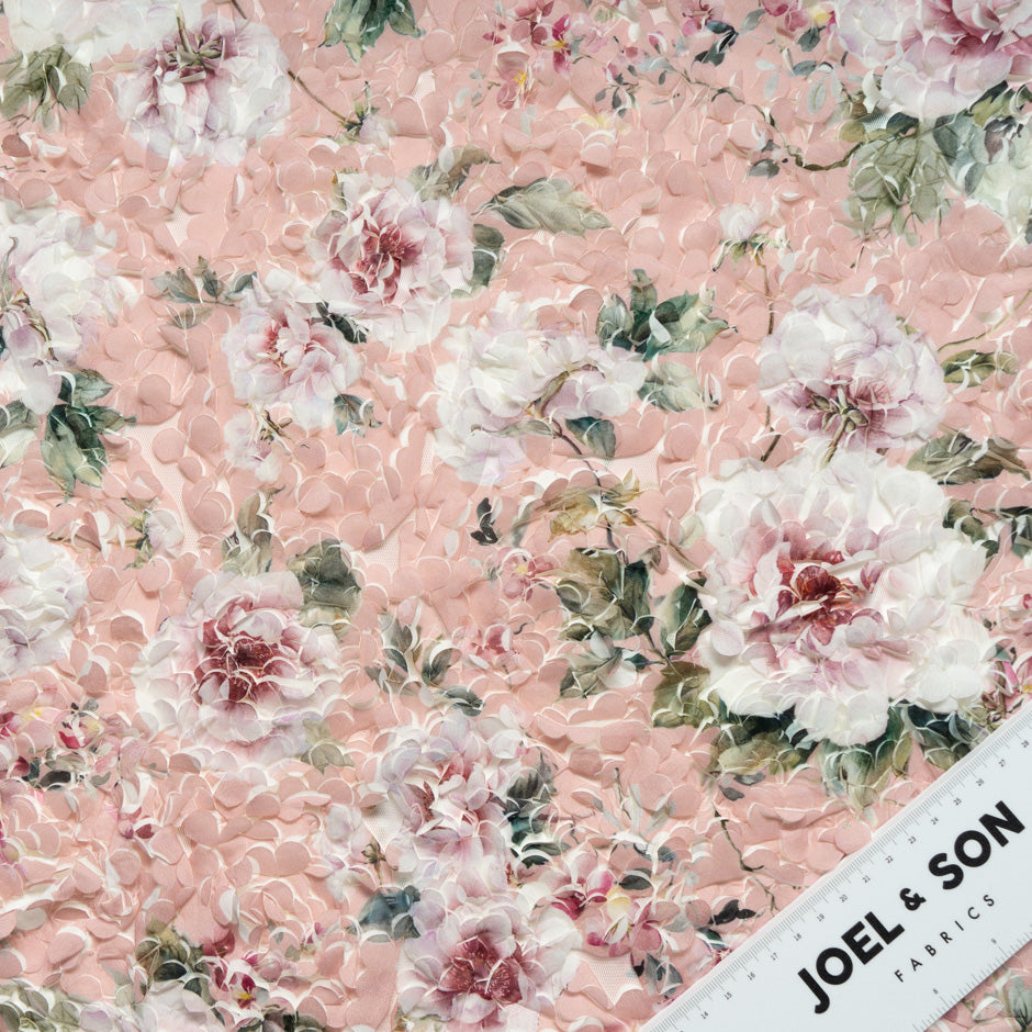 Floral Printed Pink 3D Microfibre Embroidered Tulle