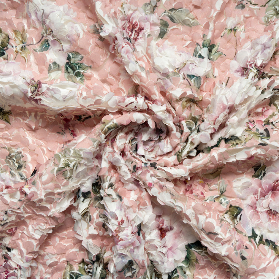 Floral Printed Pink 3D Microfibre Embroidered Tulle