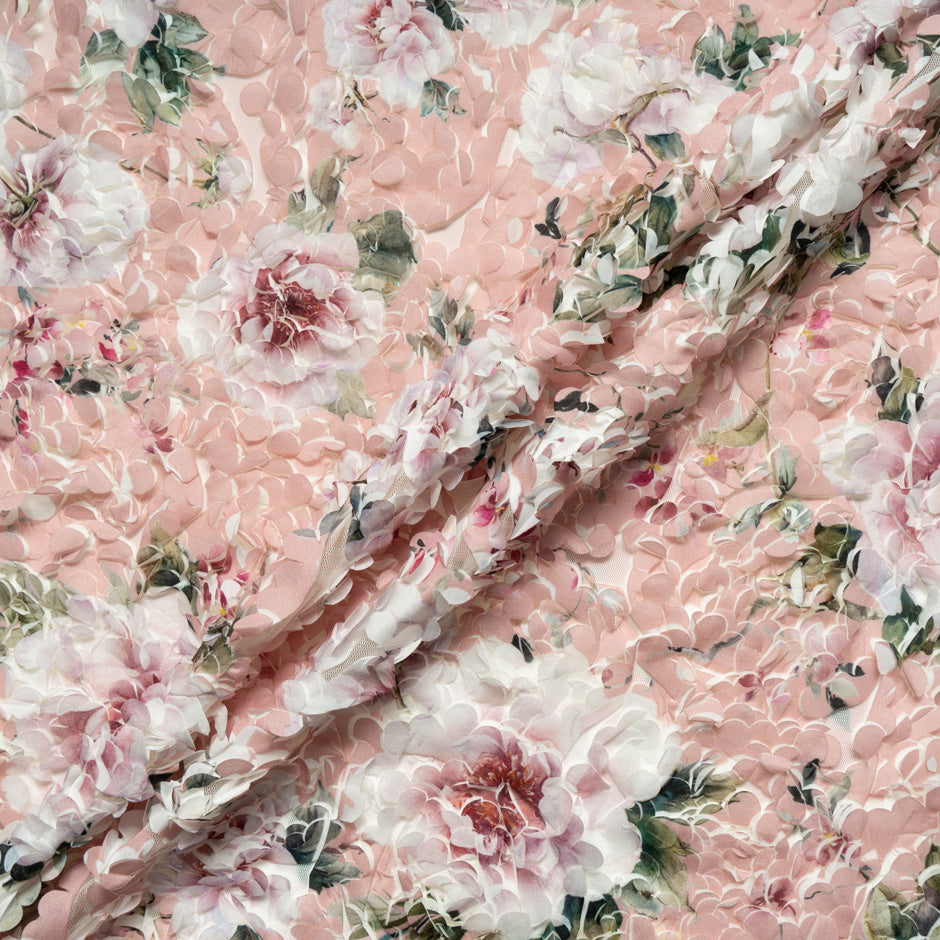 Floral Printed Pink 3D Microfibre Embroidered Tulle