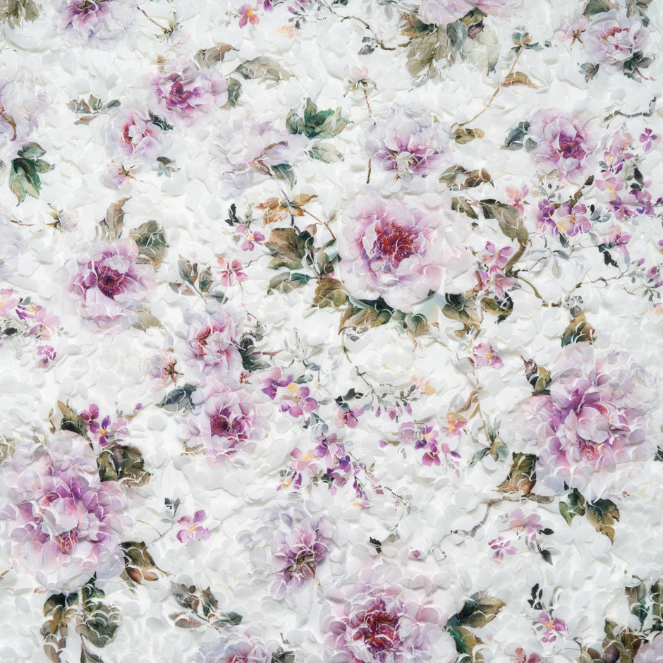 Fuchsia Floral Printed 3D Microfibre Embroidered Tulle