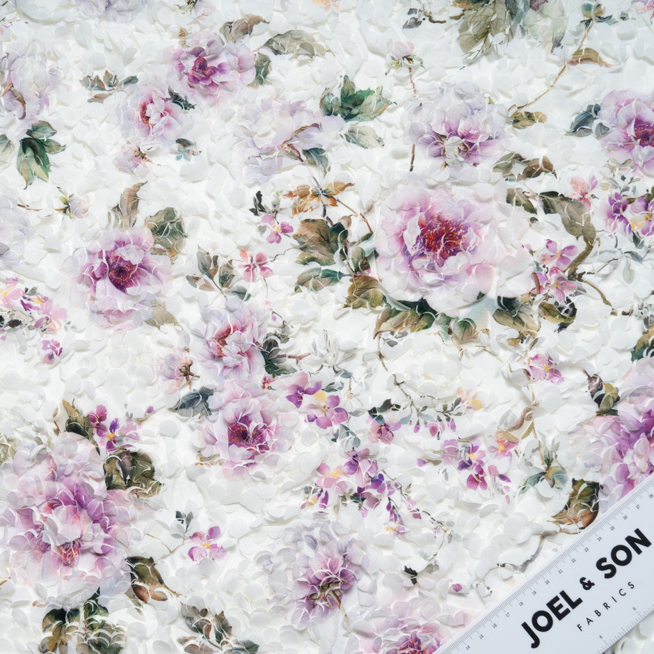 Fuchsia Floral Printed 3D Microfibre Embroidered Tulle