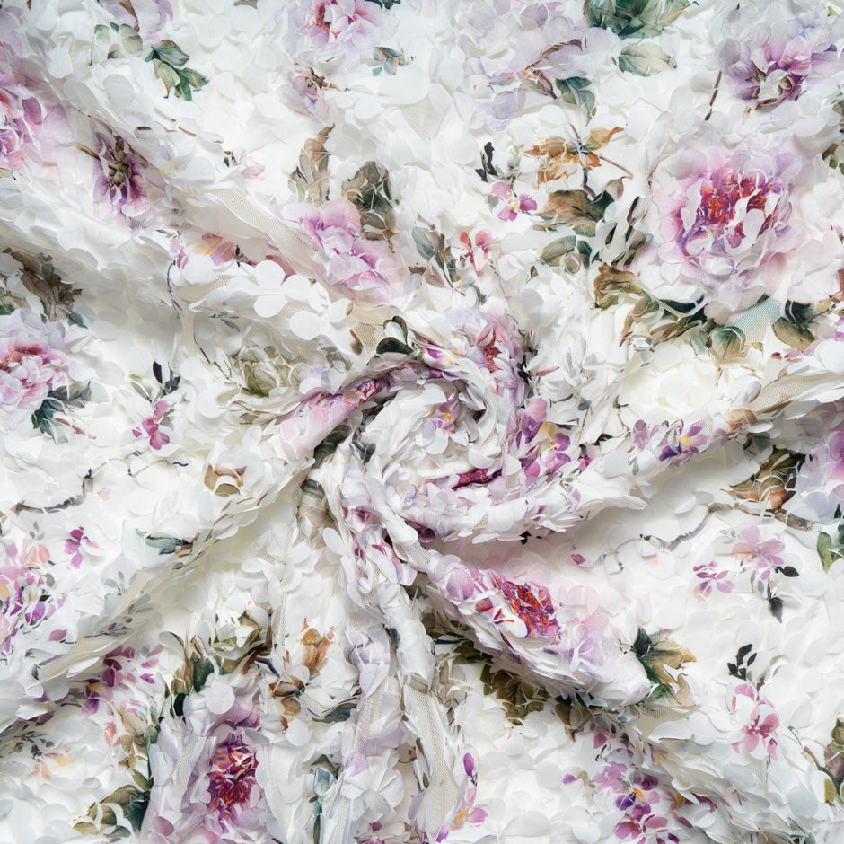 Fuchsia Floral Printed 3D Microfibre Embroidered Tulle