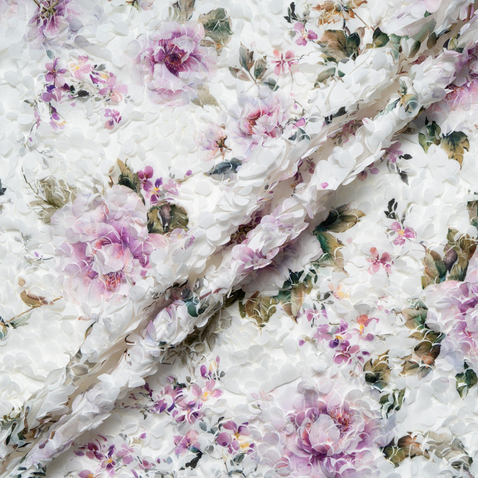 Fuchsia Floral Printed 3D Microfibre Embroidered Tulle