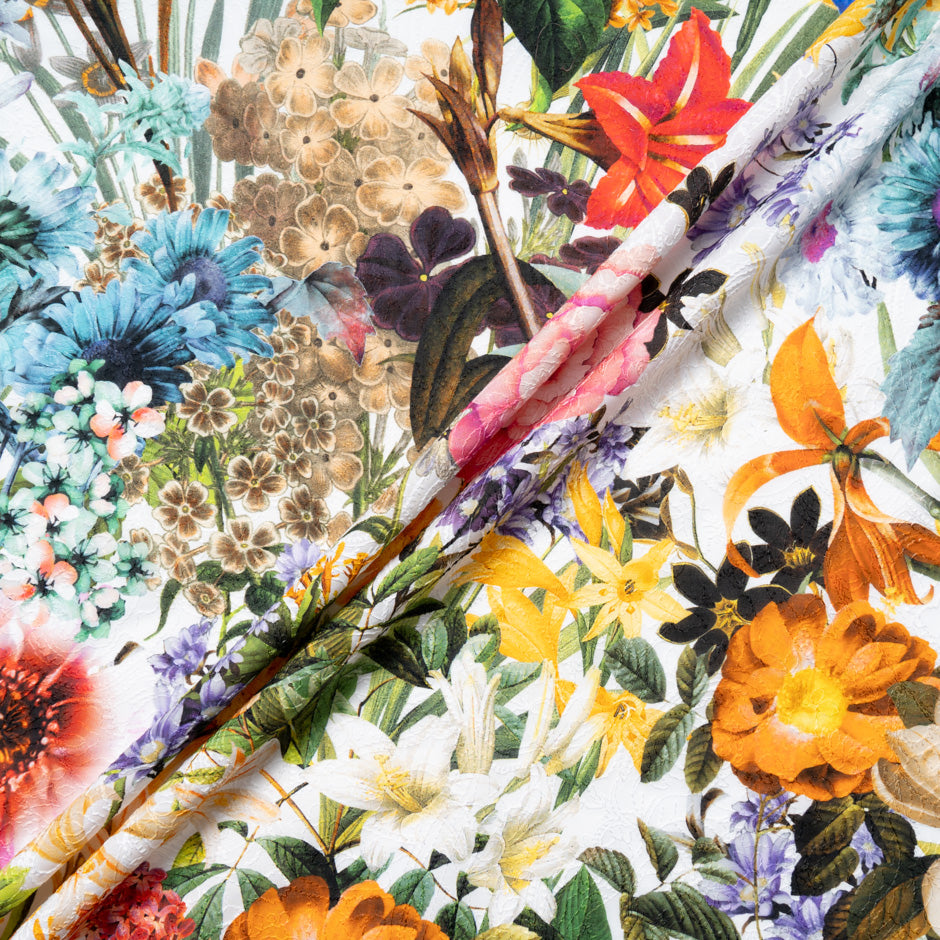 Vibrant Multi Floral Printed Embroidered White Cotton