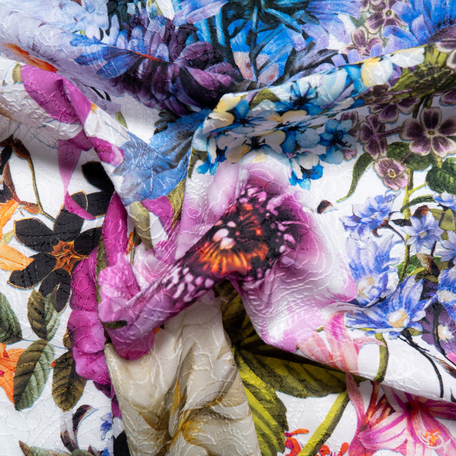 Multi Floral Printed Embroidered White Cotton