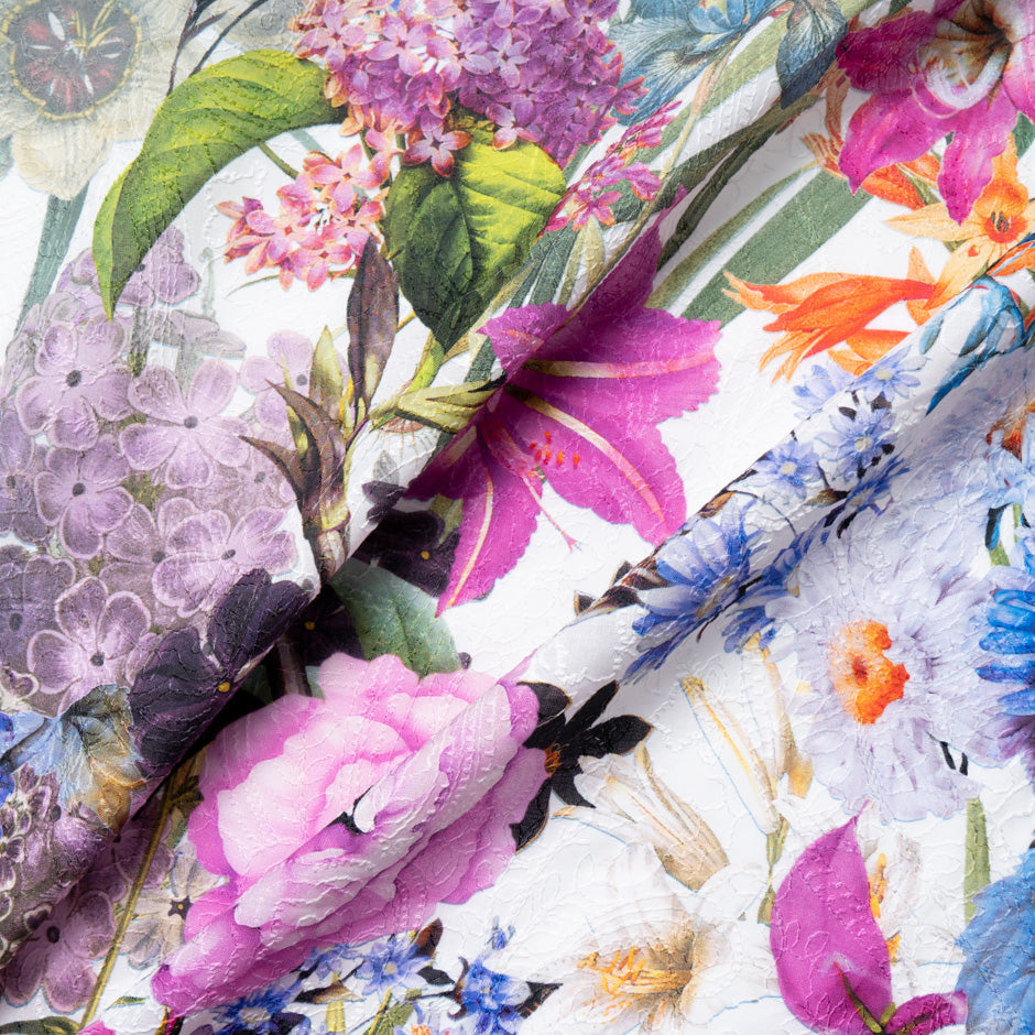 Multi Floral Printed Embroidered White Cotton