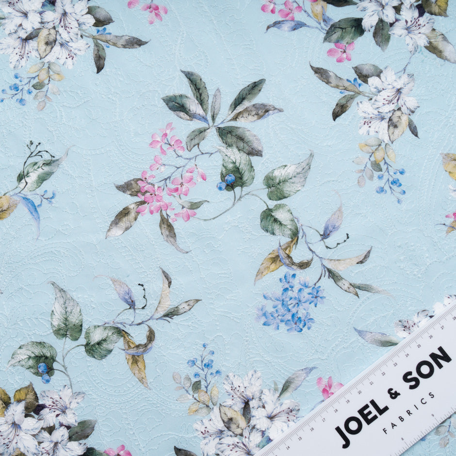 Floral Printed Baby Blue Embroidered Cotton