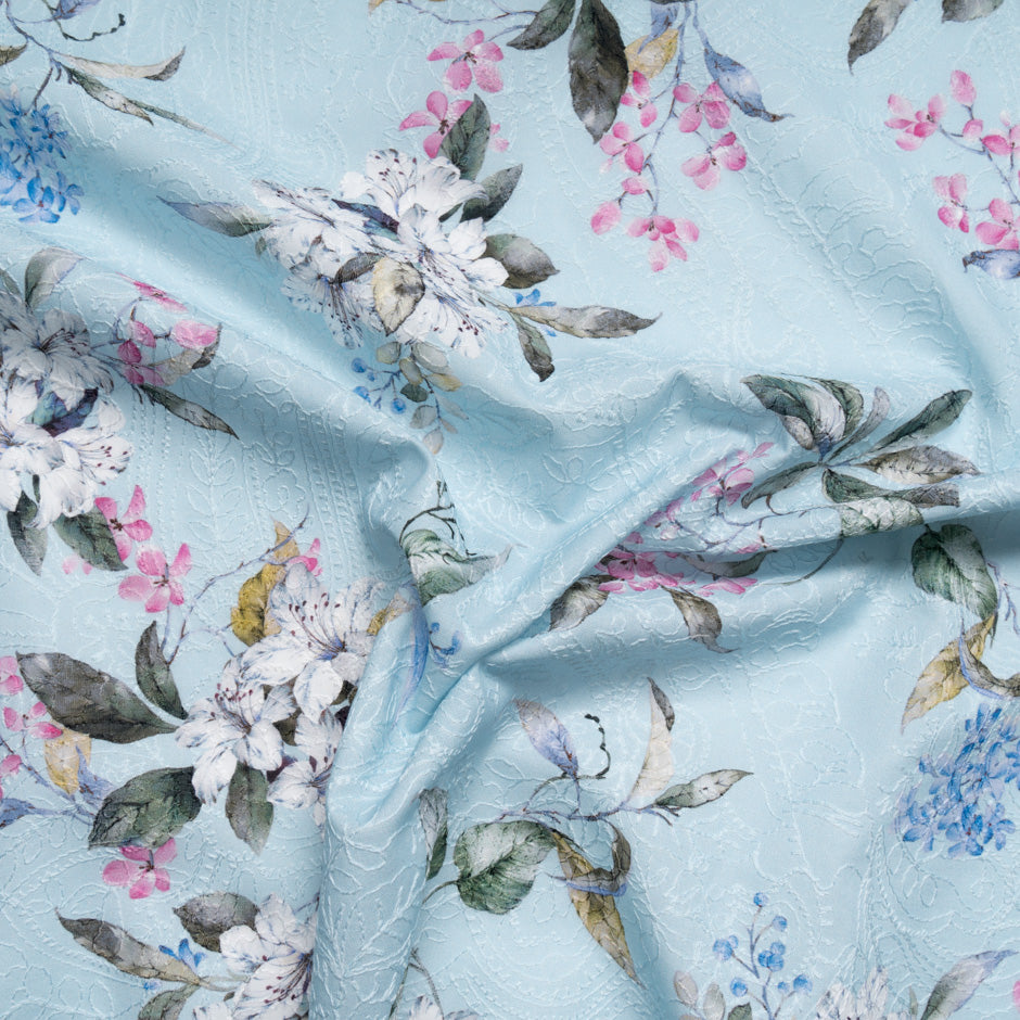 Floral Printed Baby Blue Embroidered Cotton