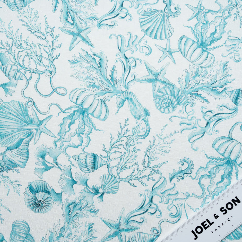 Turquoise Sea Themed Printed Pure Linen