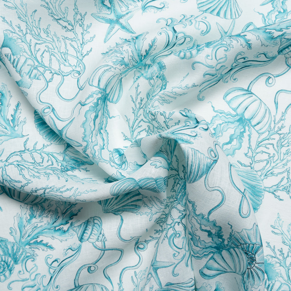 Turquoise Sea Themed Printed Pure Linen