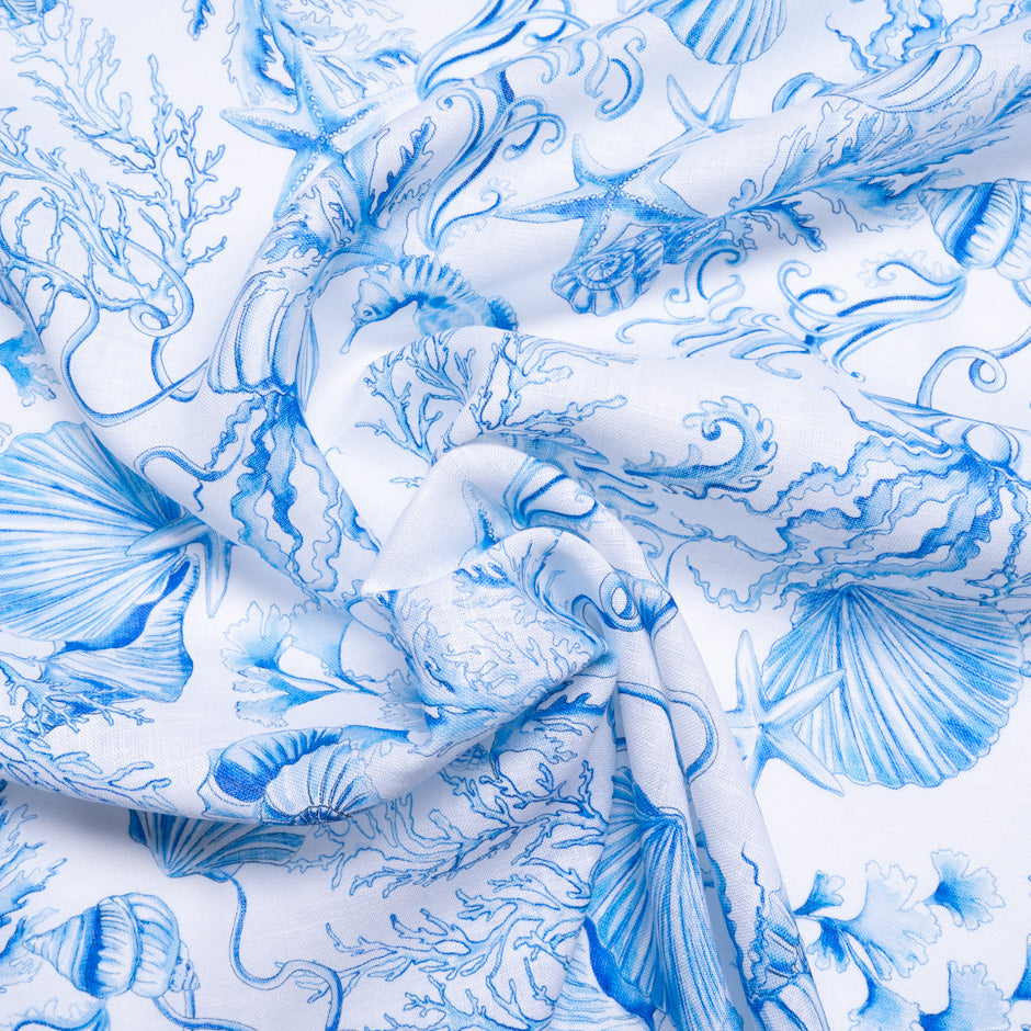 Blue Sea Themed Printed Pure Linen