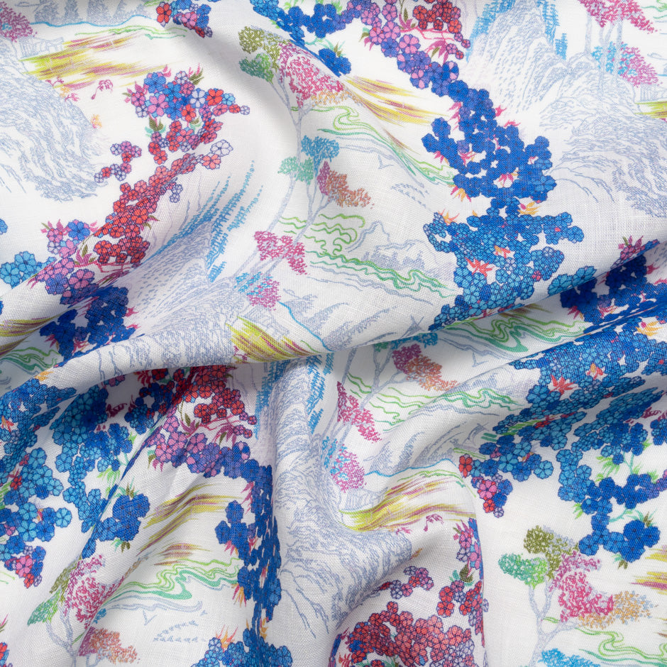 Pink & Blue Floral Printed Pure Linen