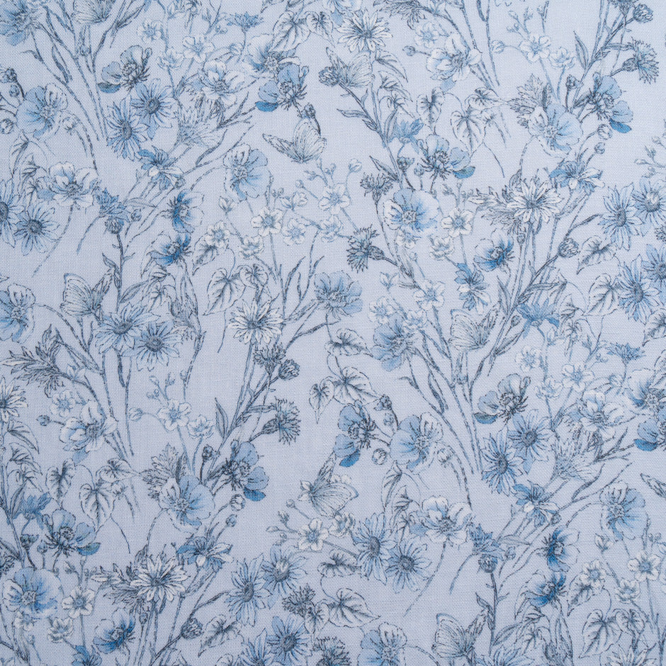 Delicate Blue Floral Printed Pure Linen