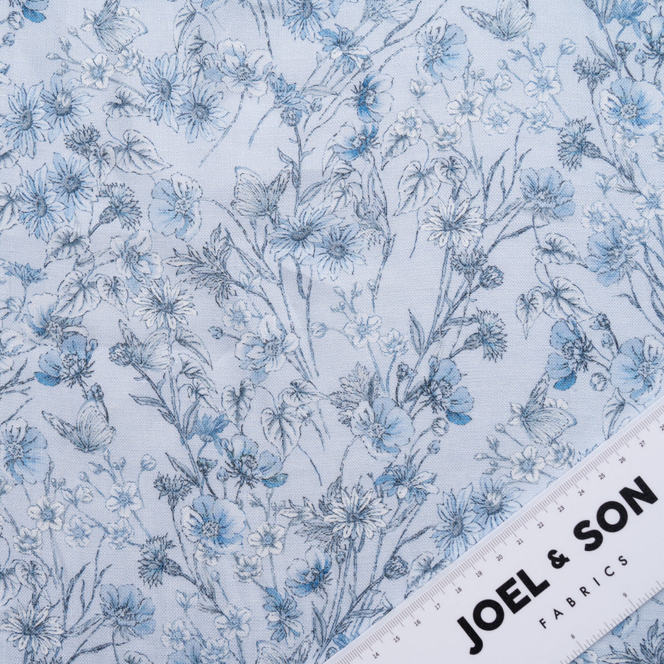 Delicate Blue Floral Printed Pure Linen