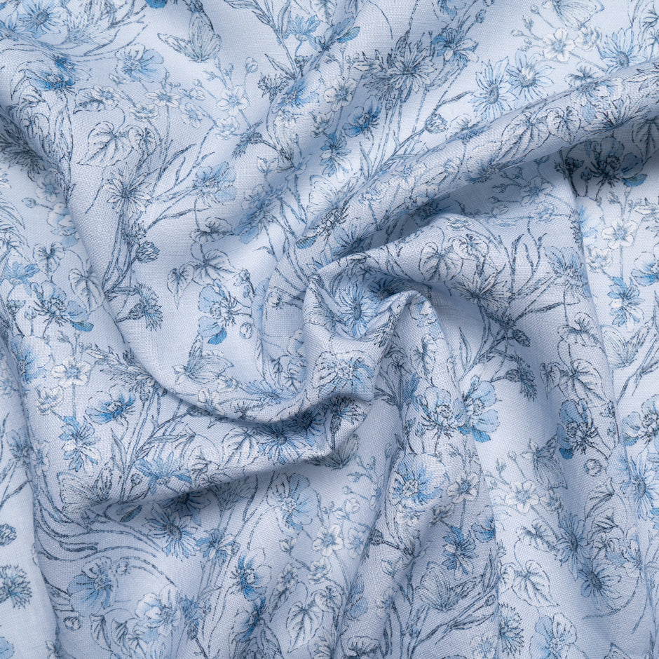 Delicate Blue Floral Printed Pure Linen