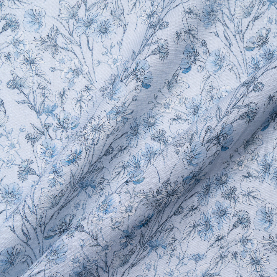 Delicate Blue Floral Printed Pure Linen
