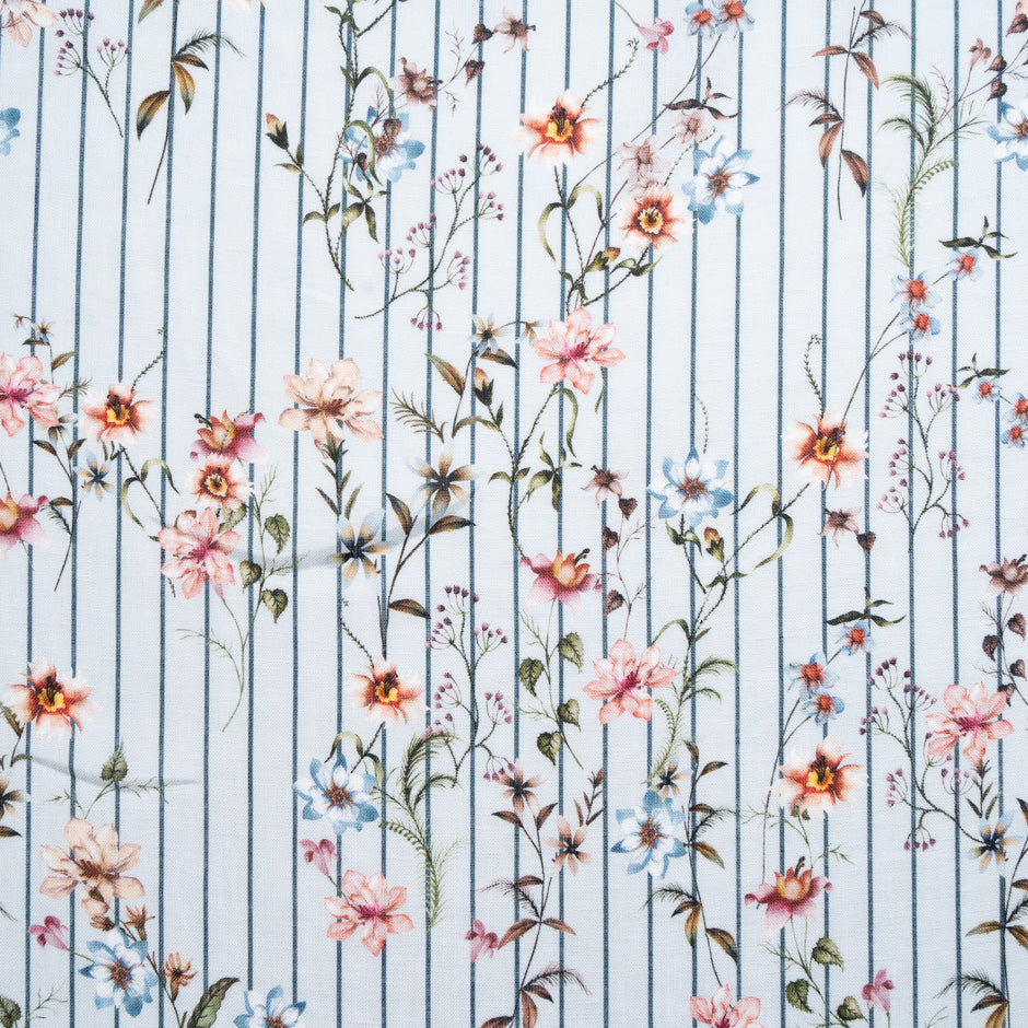 Floral & Striped Pale Blue Pure Linen