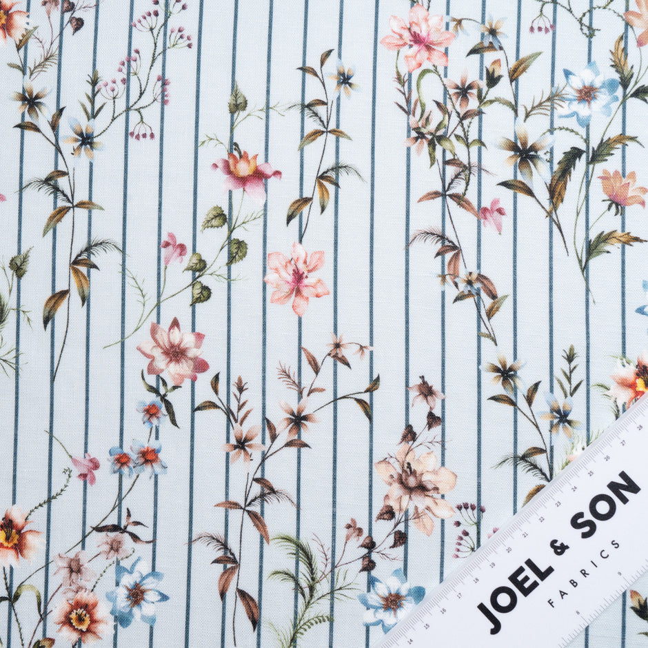 Floral & Striped Pale Blue Pure Linen