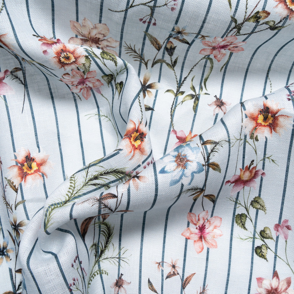 Floral & Striped Pale Blue Pure Linen