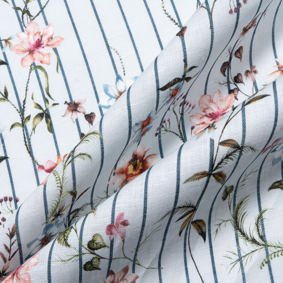 Floral & Striped Pale Blue Pure Linen