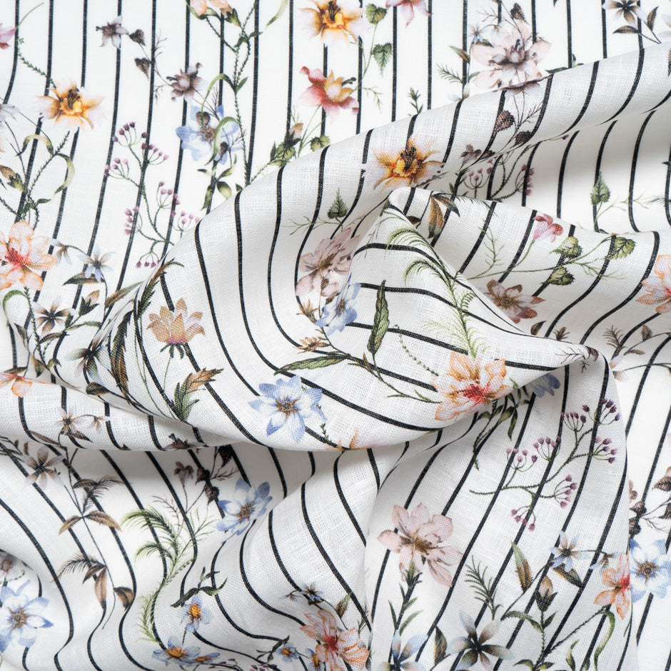 Multi Floral & Striped White Pure Linen