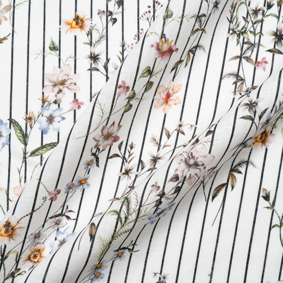Multi Floral & Striped White Pure Linen