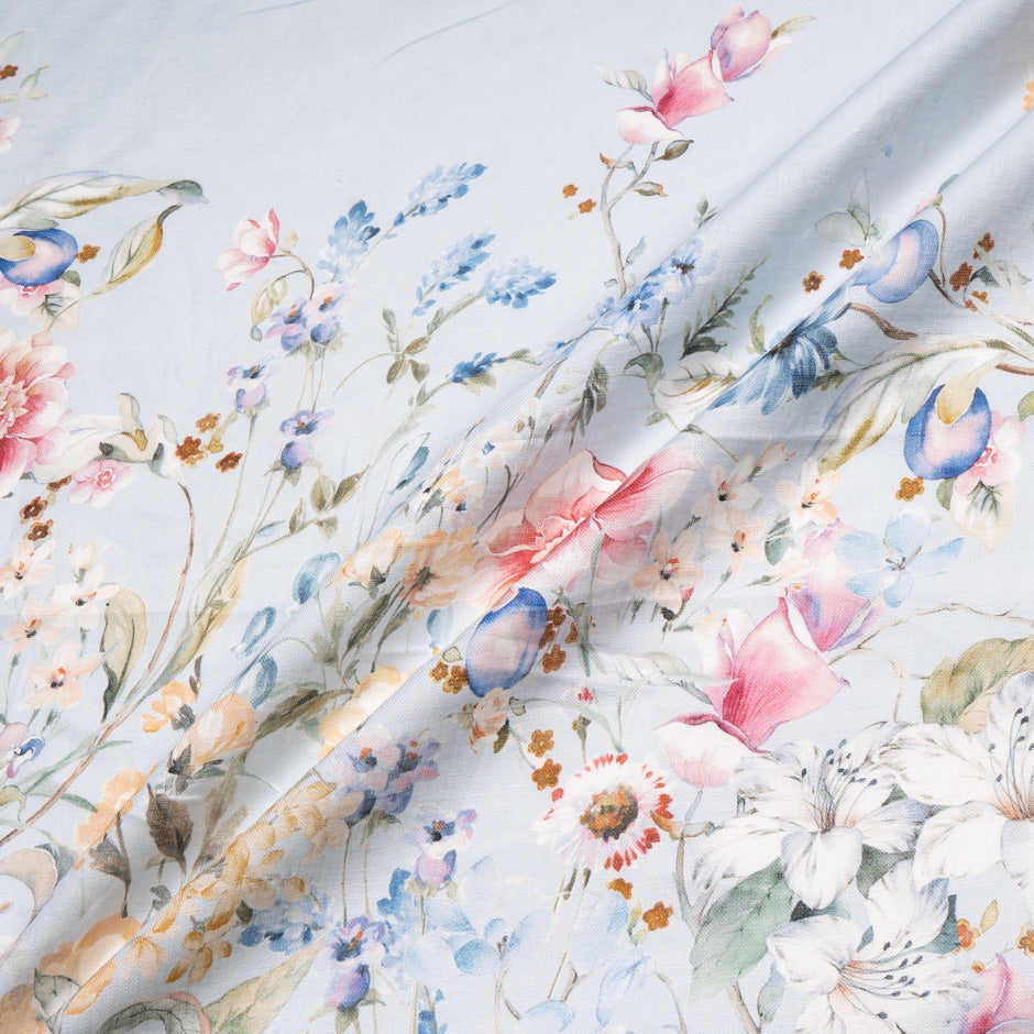 Pretty Floral Printed Soft Blue Linen