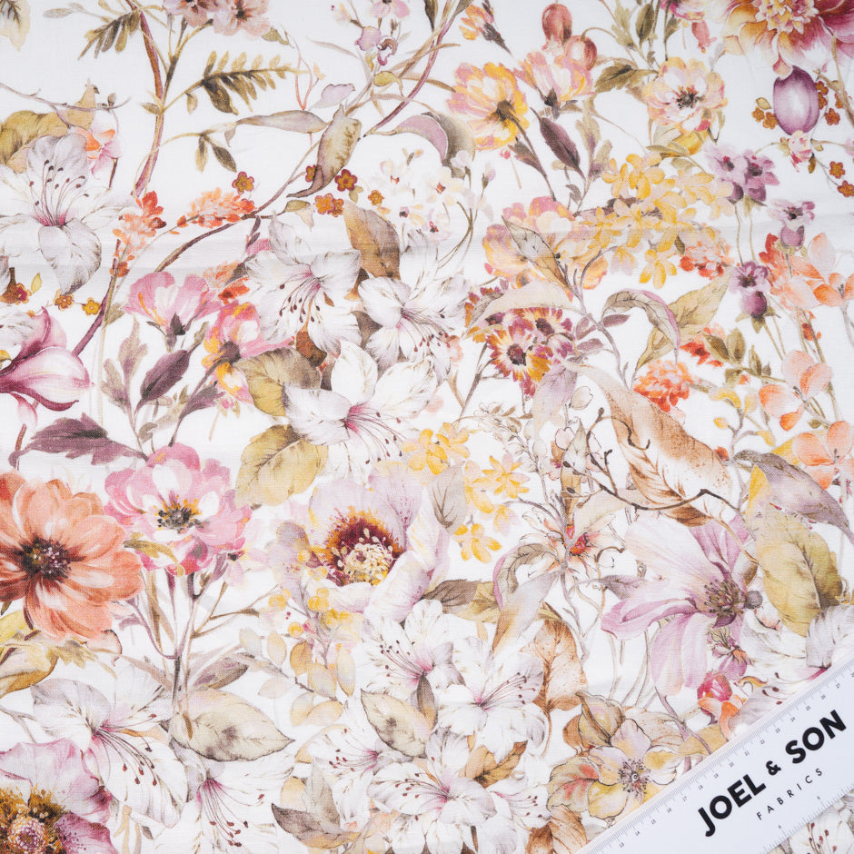 Pretty Floral Printed White Linen