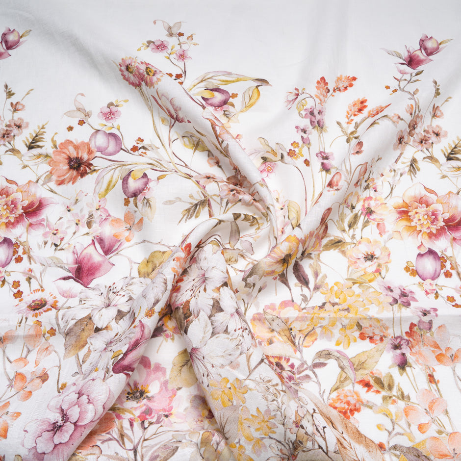Pretty Floral Printed White Linen