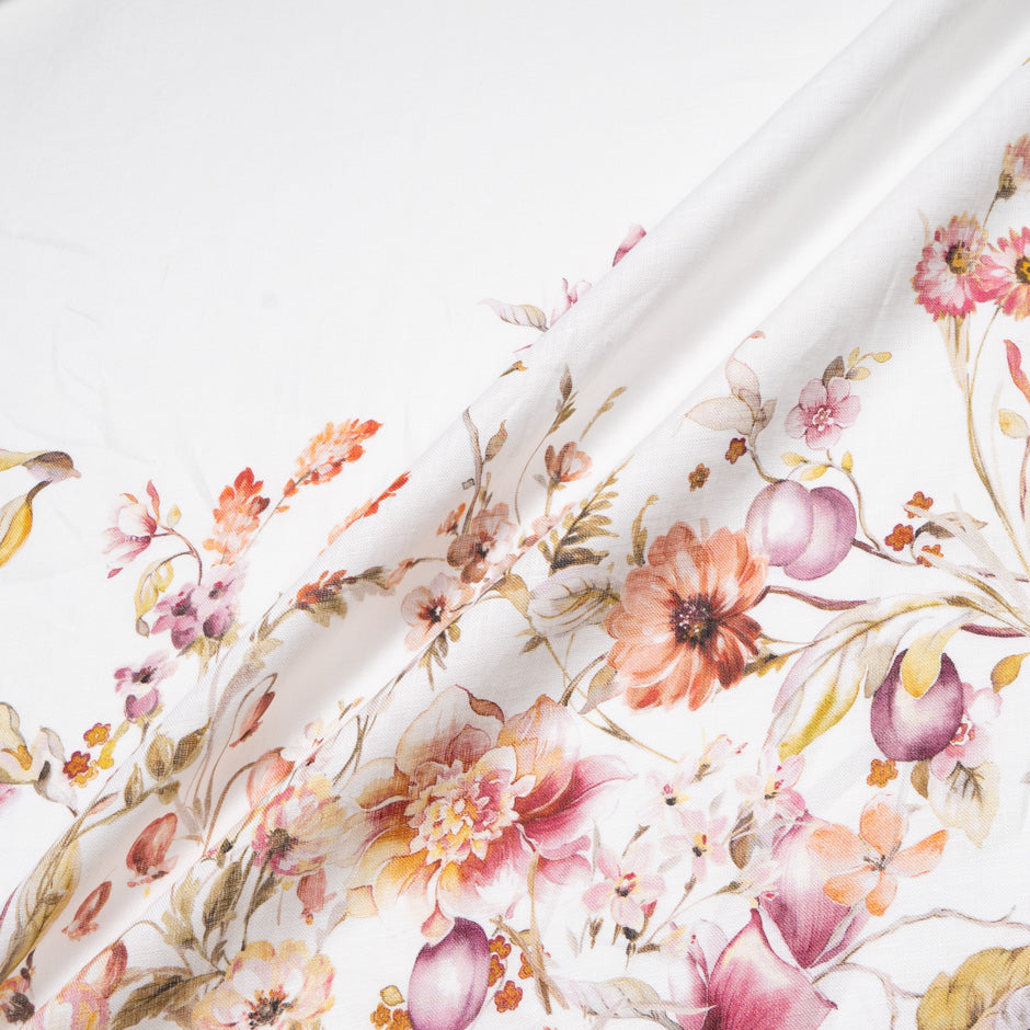 Pretty Floral Printed White Linen