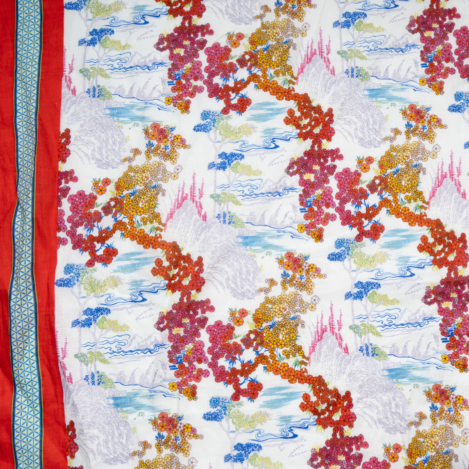 Orange & Pink Floral Printed Pure Linen