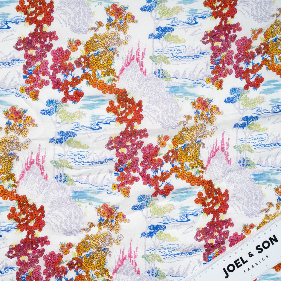 Orange & Pink Floral Printed Pure Linen