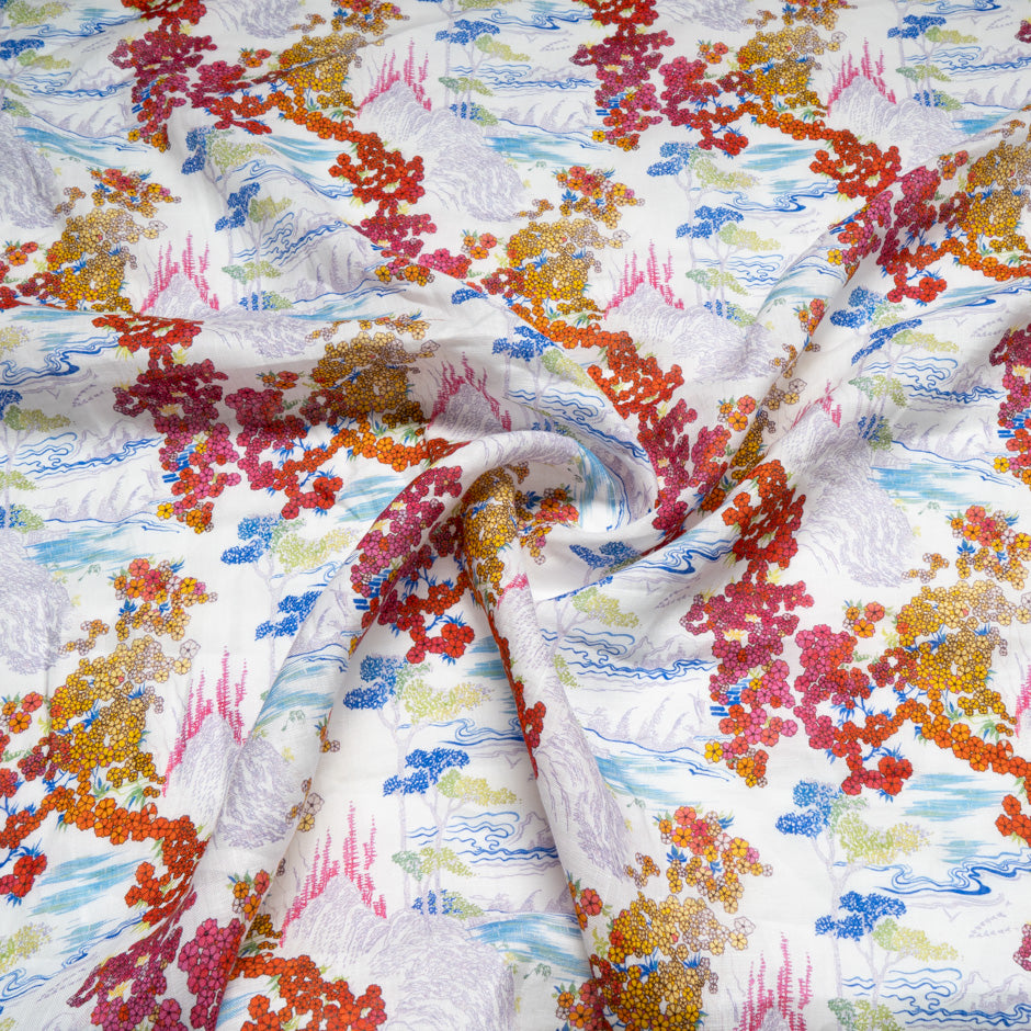 Orange & Pink Floral Printed Pure Linen