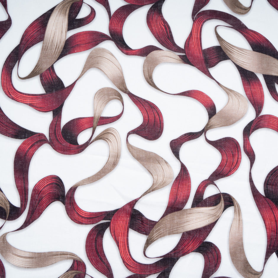 Deep Red Ribbon Printed Pure Linen