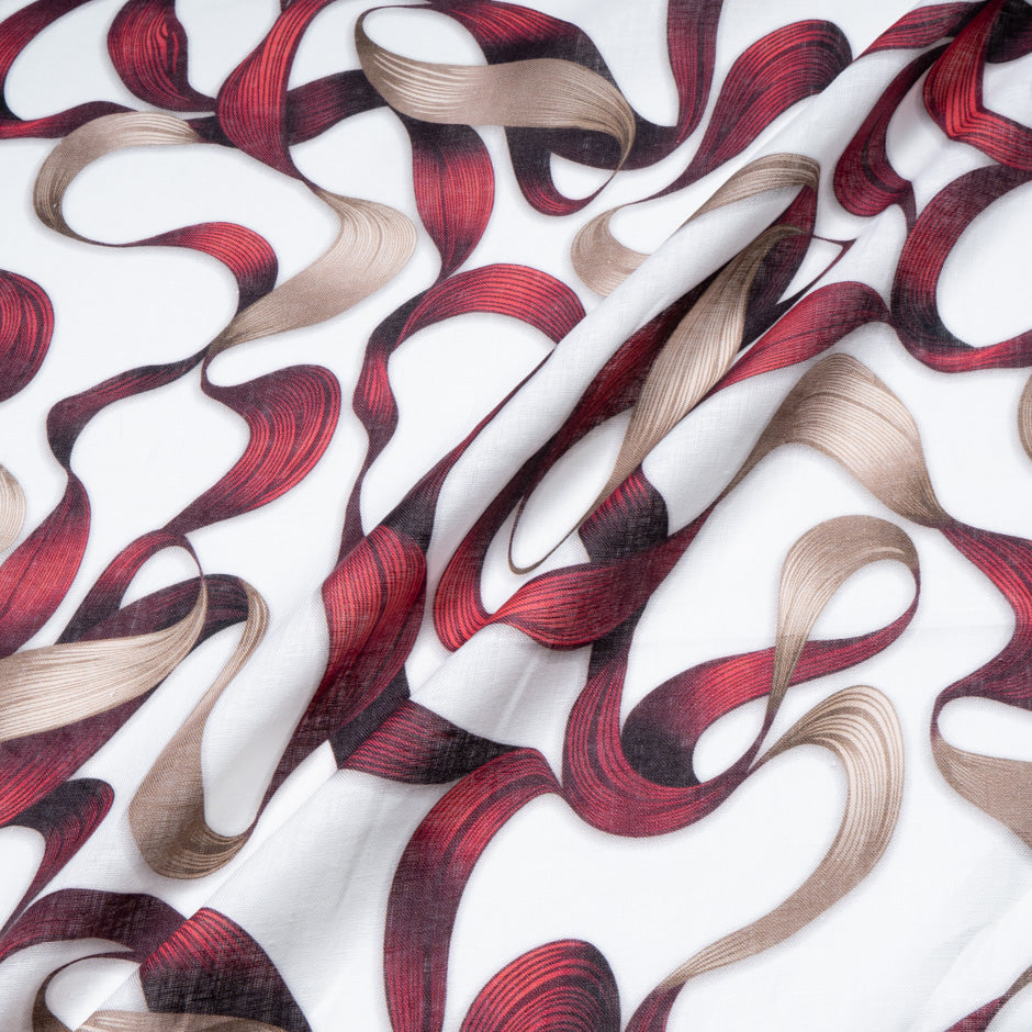 Deep Red Ribbon Printed Pure Linen