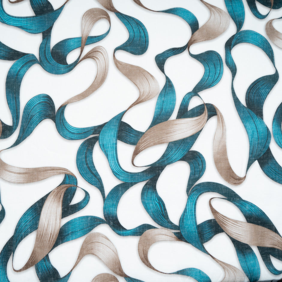 Deep Turquoise Ribbon Printed Pure Linen