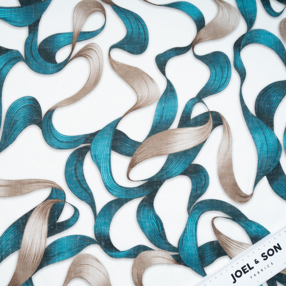 Deep Turquoise Ribbon Printed Pure Linen