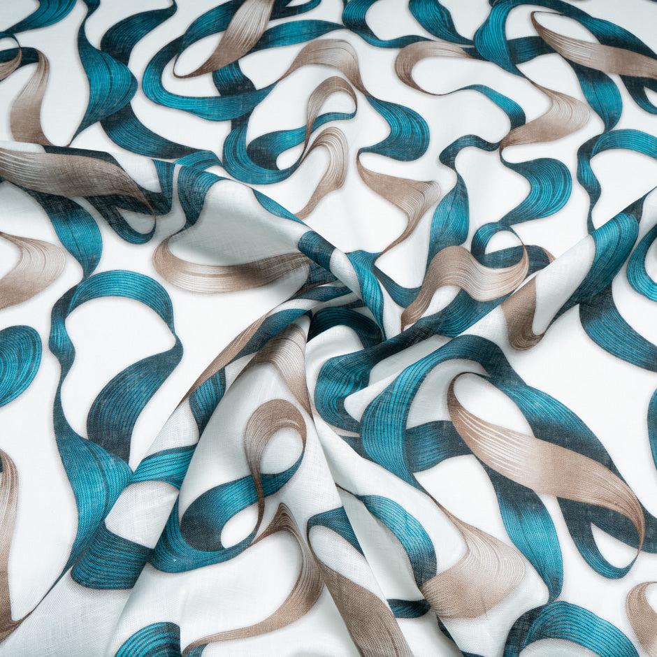 Deep Turquoise Ribbon Printed Pure Linen