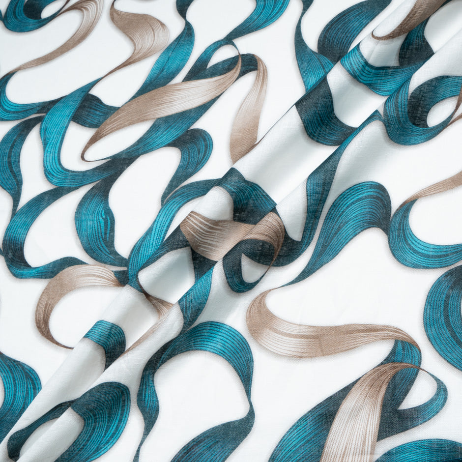 Deep Turquoise Ribbon Printed Pure Linen