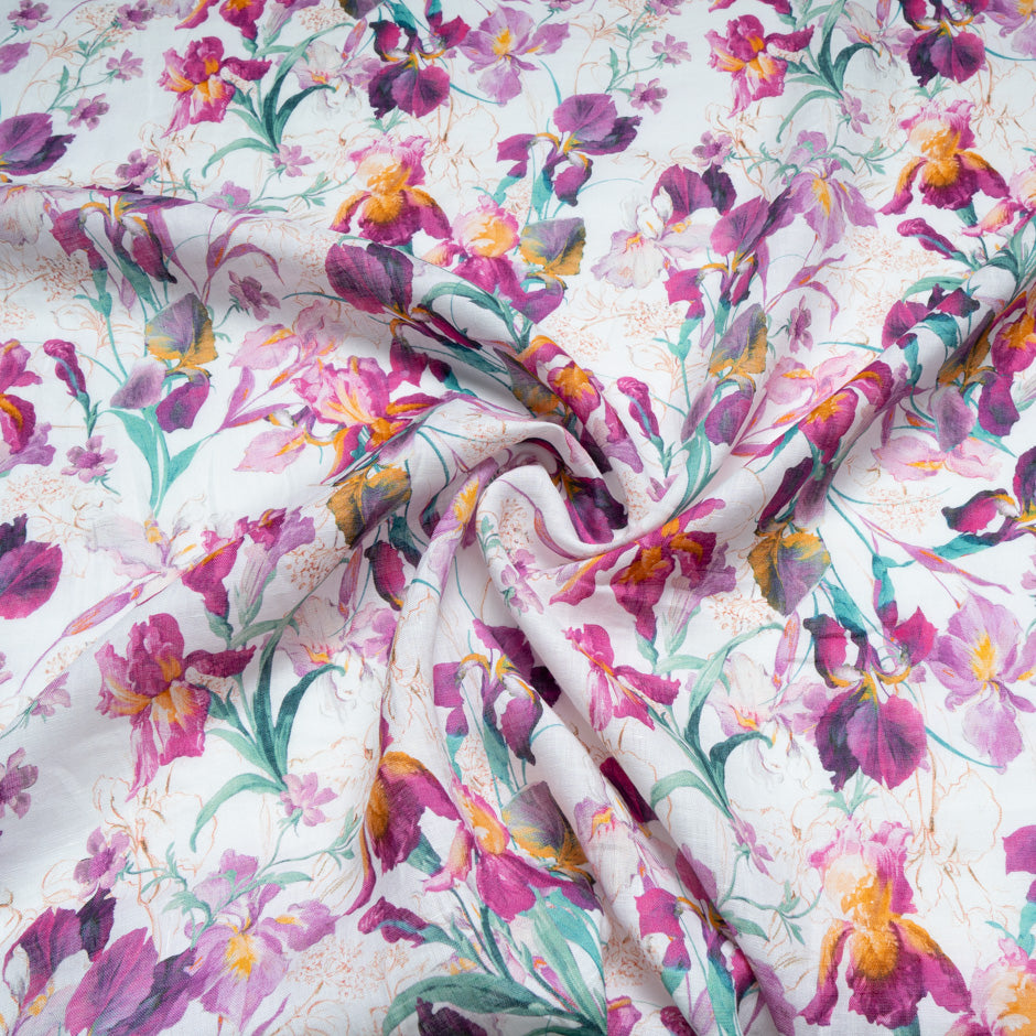 Pink, Purple & Yellow Wild Floral Printed Pure Linen