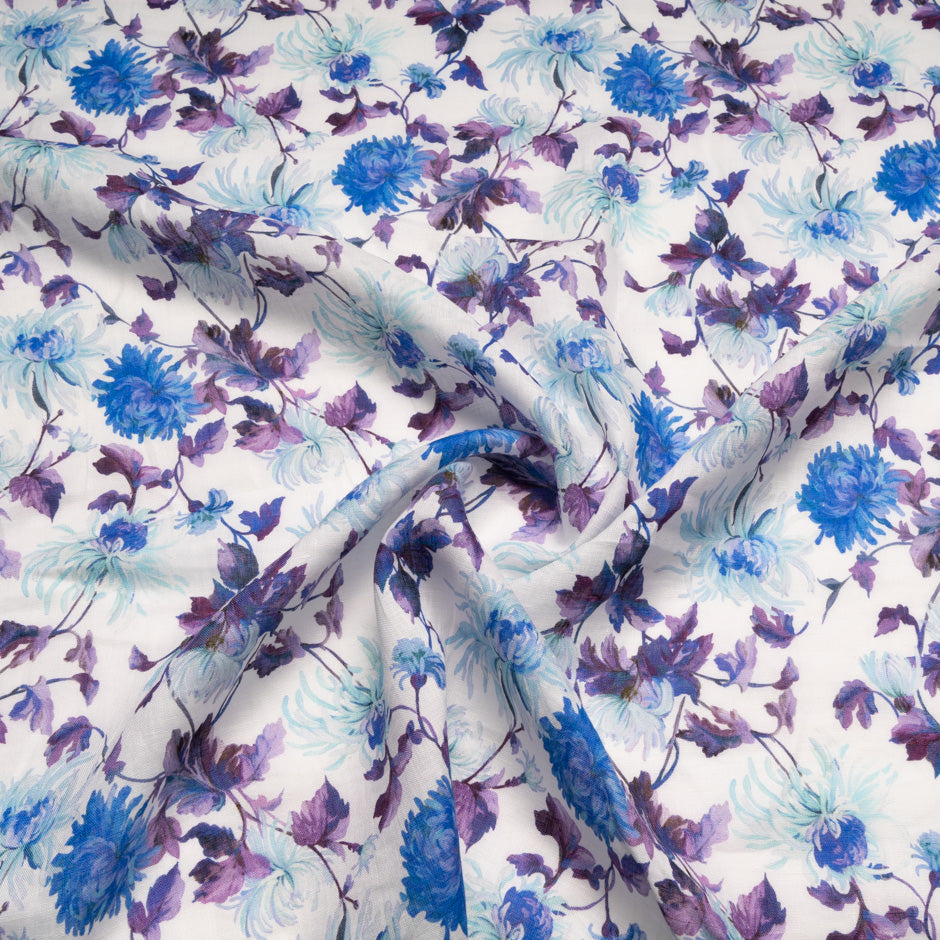 Blue & Purple Floral Printed Pure Linen