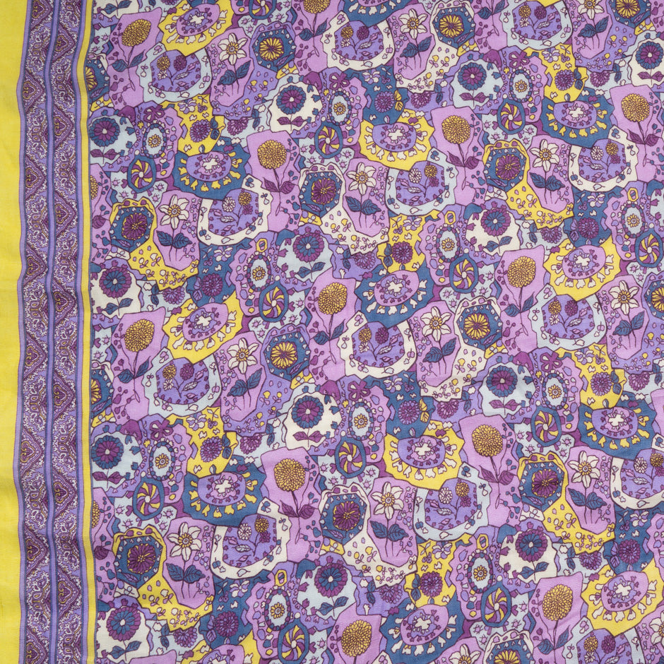 Purple & Yellow Retro Floral Printed Pure Linen