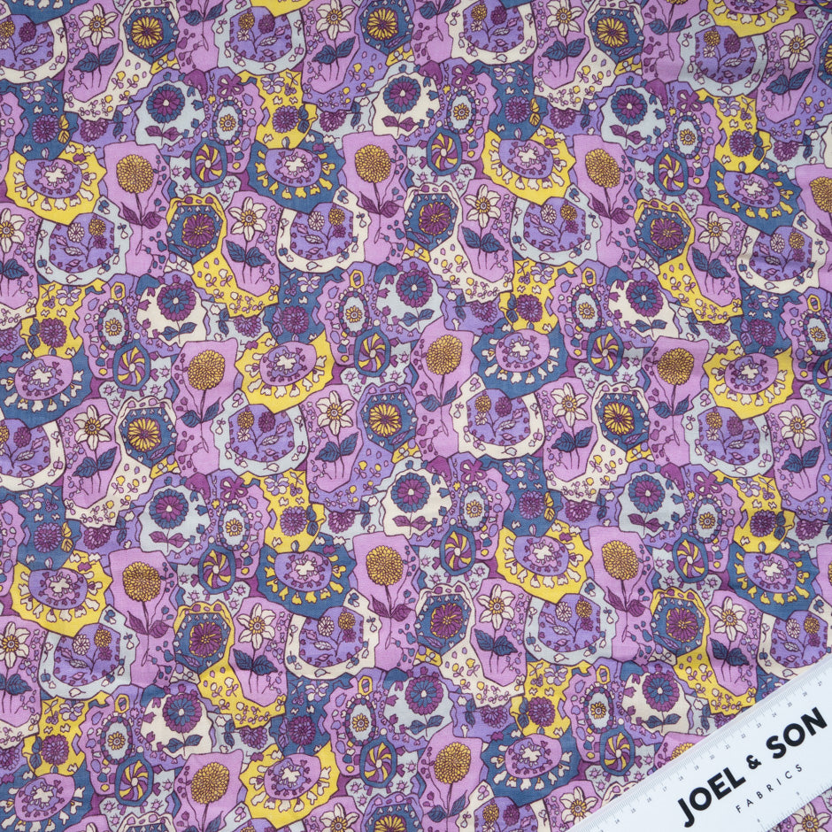 Purple & Yellow Retro Floral Printed Pure Linen