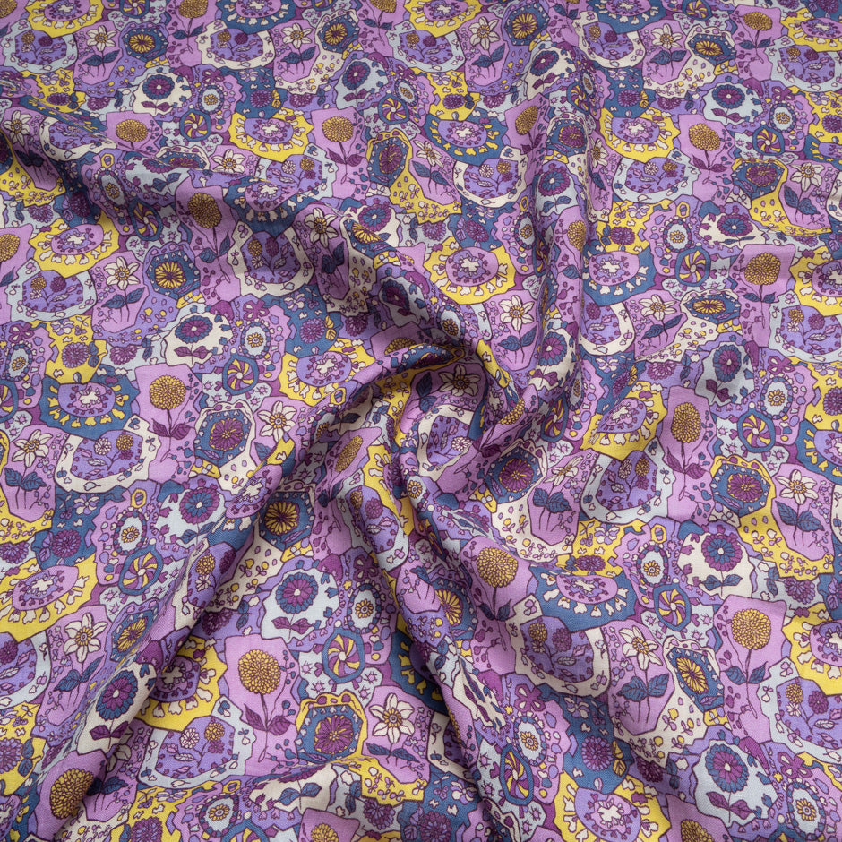 Purple & Yellow Retro Floral Printed Pure Linen
