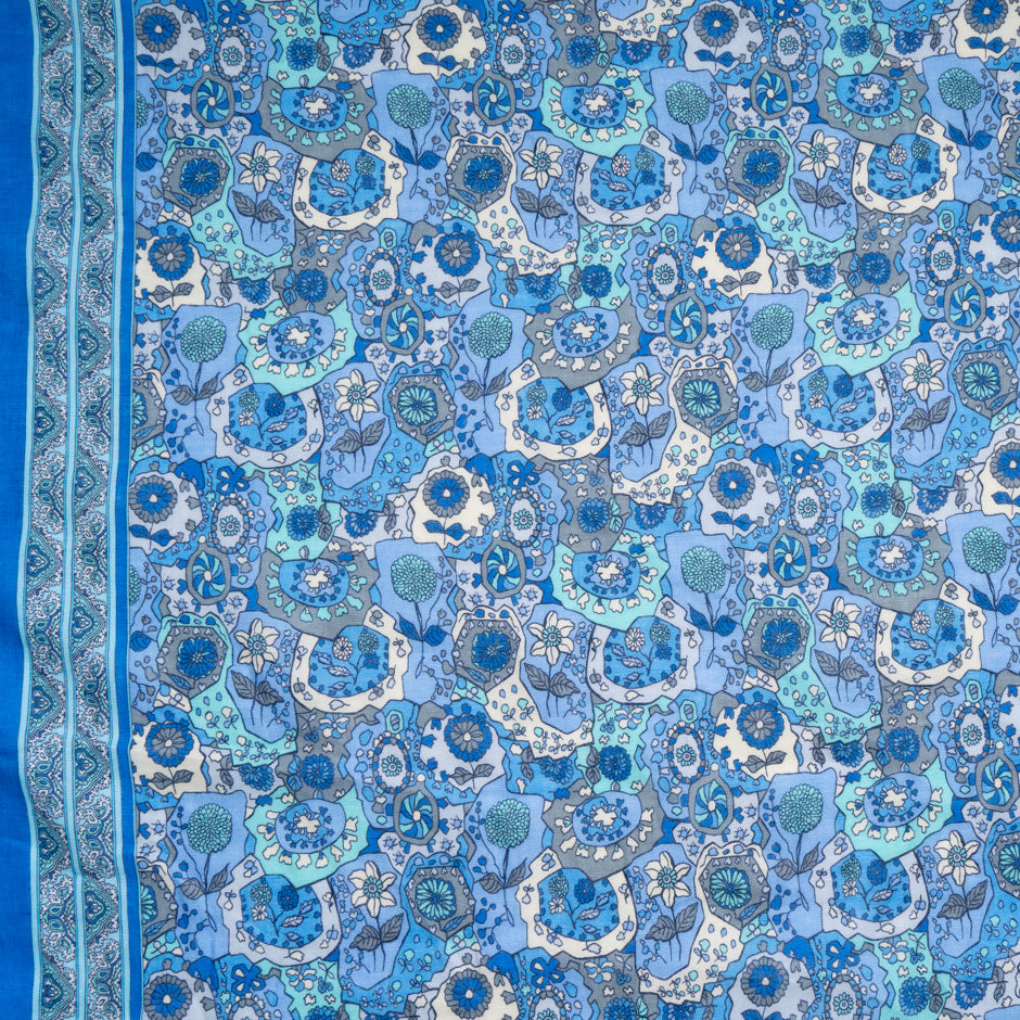 Blue Retro Floral Printed Pure Linen