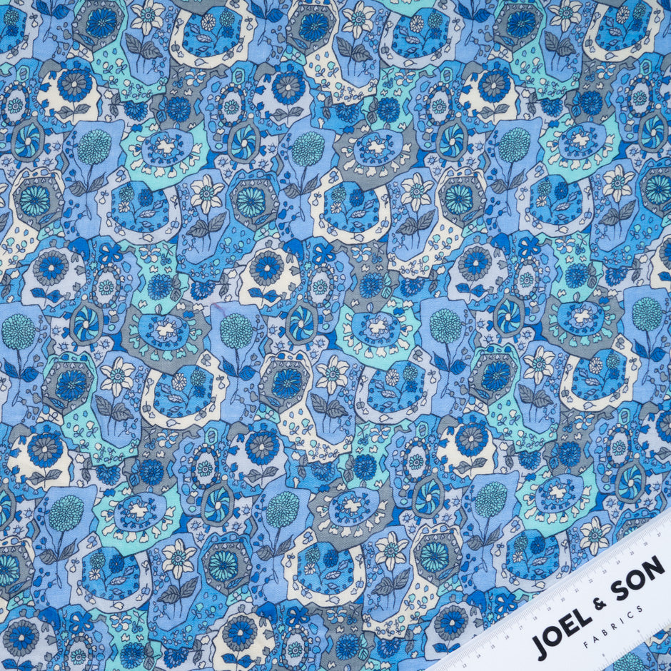 Blue Retro Floral Printed Pure Linen